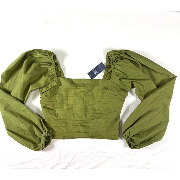 NWT Abercrombie Fitch Ruched Square Neck Puff Sleeve Crop Top S Green Peasant - Picture 4 of 8